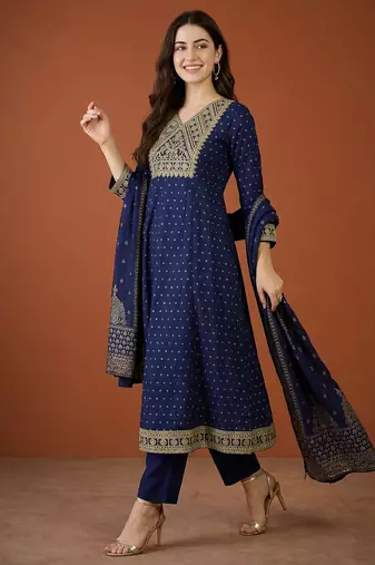 Women's Gorgeous Embroidery Vichitra Silk Fabric Flared Kurta Pant and Dupatta Set