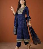 Women's Gorgeous Embroidery Vichitra Silk Fabric Flared Kurta Pant and Dupatta Set