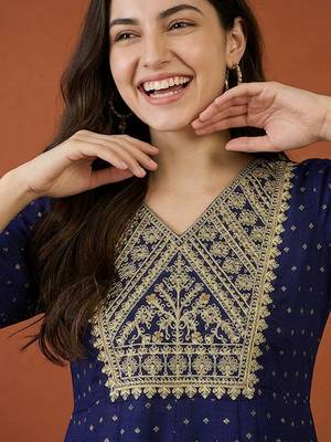 Women's Gorgeous Embroidery Vichitra Silk Fabric Flared Kurta Pant and Dupatta Set 2