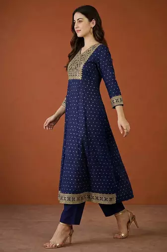 Women's Gorgeous Embroidery Vichitra Silk Fabric Flared Kurta Pant and Dupatta Set