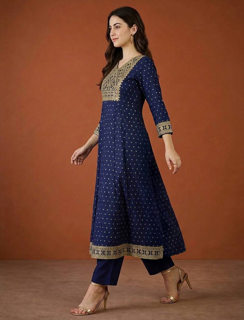 Women's Gorgeous Embroidery Vichitra Silk Fabric Flared Kurta Pant and Dupatta Set