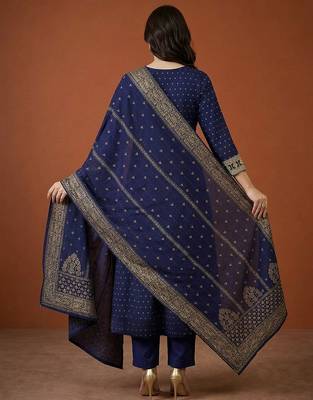 Women's Gorgeous Embroidery Vichitra Silk Fabric Flared Kurta Pant and Dupatta Set 4