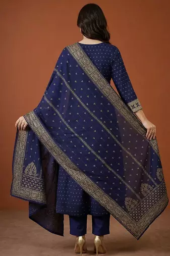 Women's Gorgeous Embroidery Vichitra Silk Fabric Flared Kurta Pant and Dupatta Set
