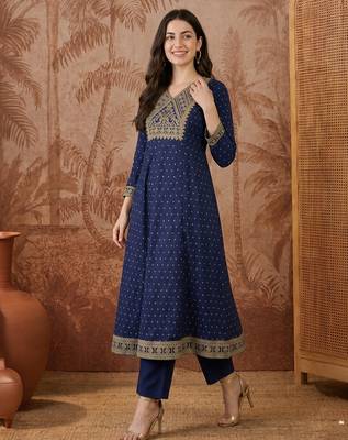 Women's Gorgeous Embroidery Vichitra Silk Fabric Flared Kurta Pant and Dupatta Set 5