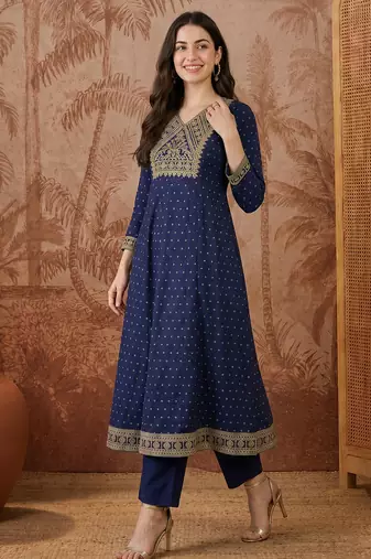 Women's Gorgeous Embroidery Vichitra Silk Fabric Flared Kurta Pant and Dupatta Set