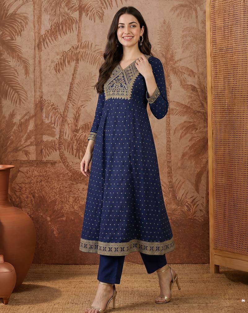 Women's Gorgeous Embroidery Vichitra Silk Fabric Flared Kurta Pant and Dupatta Set