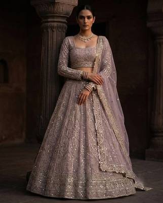 Onion Pink color Coding Sequins Work Net Lehenga Choli set  1