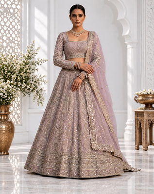 Onion Pink color Coding Sequins Work Net Lehenga Choli set  1
