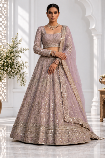 Onion Pink color Coding Sequins Work Net Lehenga Choli set 