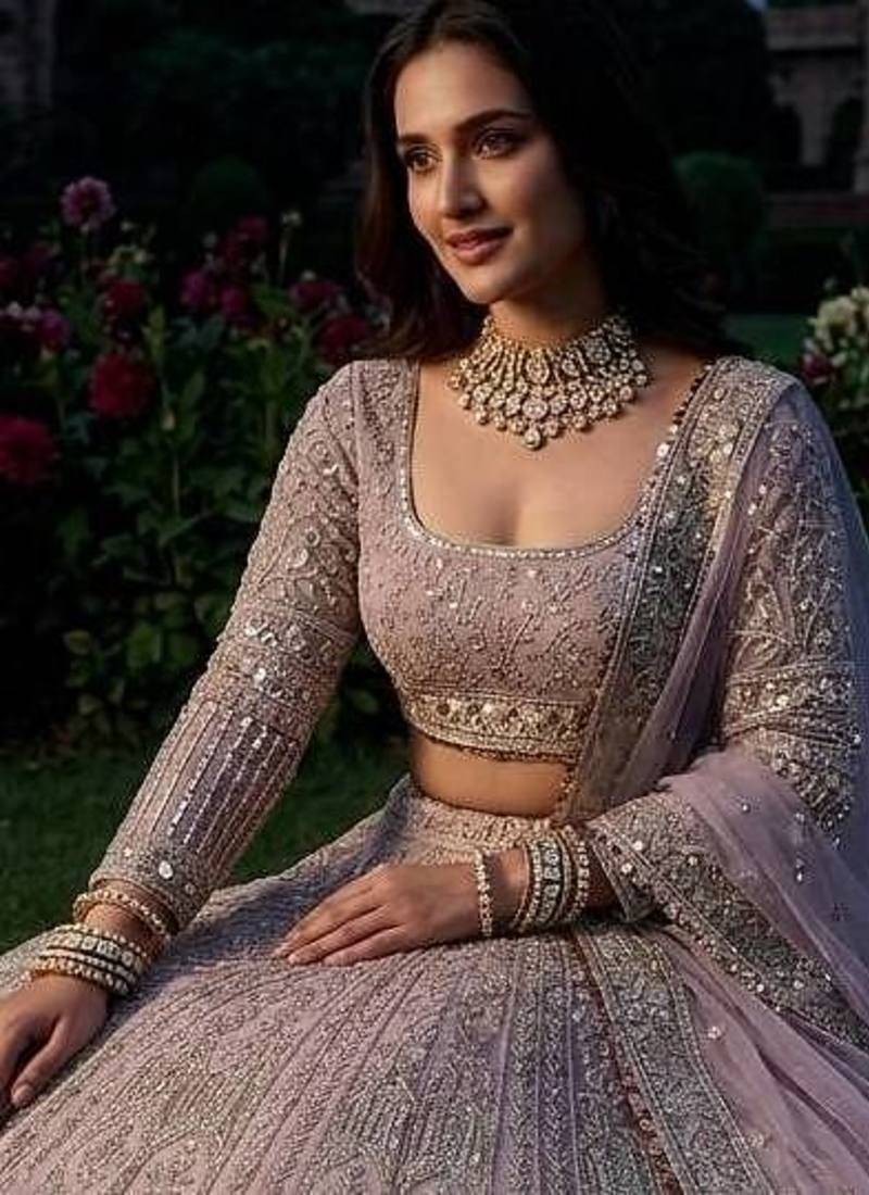 Onion Pink color Coding Sequins Work Net Lehenga Choli set 