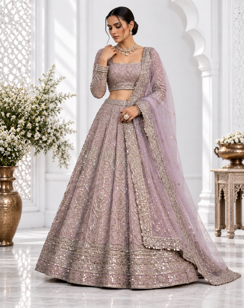 Onion Pink color Coding Sequins Work Net Lehenga Choli set 