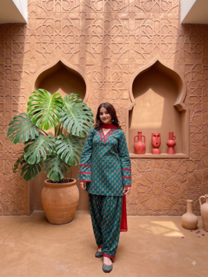 Women's green floral print kurti with farshi pant & dupatta set 1