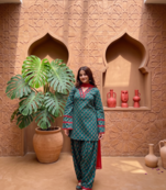 Women's green floral print kurti with farshi pant & dupatta set