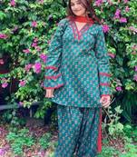 Women's green floral print kurti with farshi pant & dupatta set