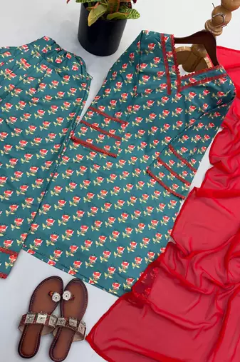 Women's green floral print kurti with farshi pant & dupatta set