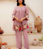 Trendy pink floral cutwork hem tunic top with trouser