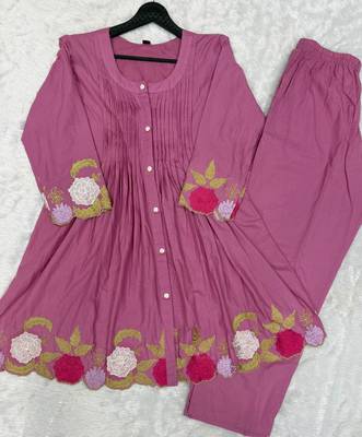 Trendy pink floral cutwork hem tunic top with trouser 4