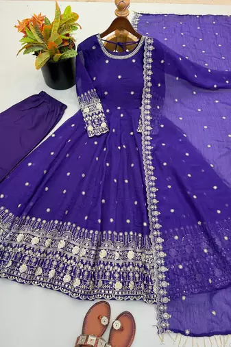 Dark blue heavily embroidered anarkali suit set