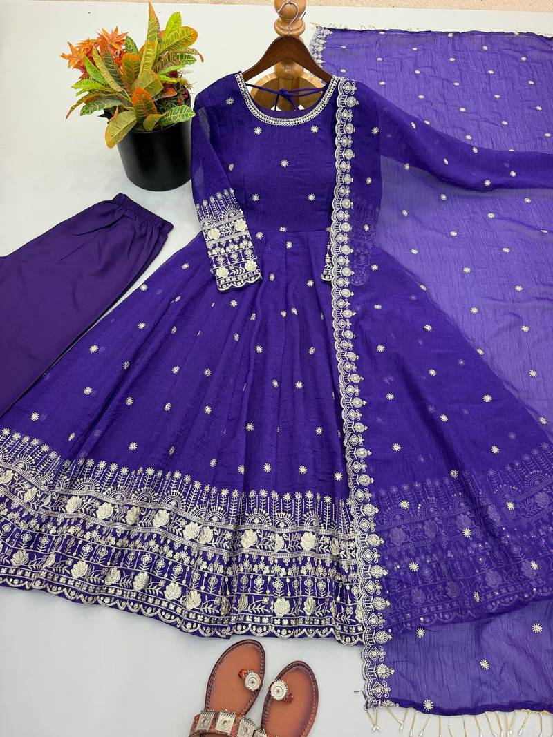 Dark blue heavily embroidered anarkali suit set
