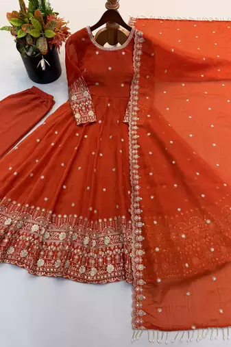 Orange heavily embroidered anarkali suit set