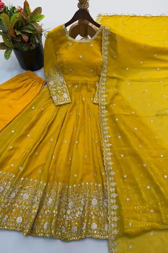 Yellow heavily embroidered anarkali suit set