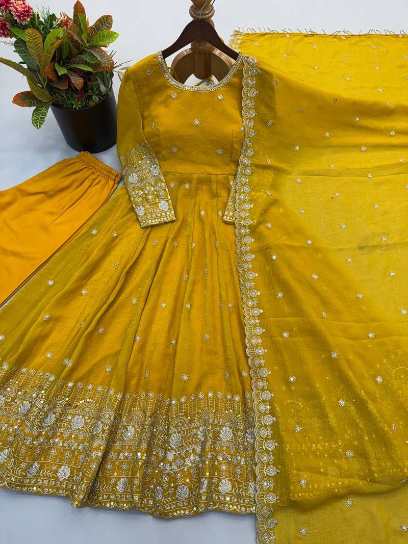 Yellow heavily embroidered anarkali suit set