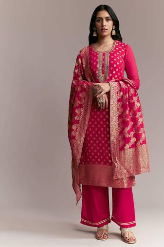 Women's rani pink banarasi woven kurta palazzo set with heavy jacquard dupatta for festival & wedding wear