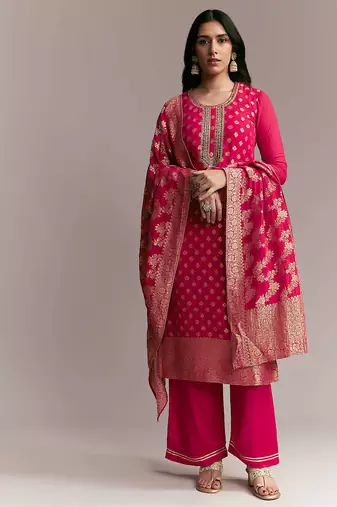 Women's rani pink banarasi woven kurta palazzo set with heavy jacquard dupatta for festival & wedding wear