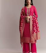 Women's rani pink banarasi woven kurta palazzo set with heavy jacquard dupatta for festival & wedding wear