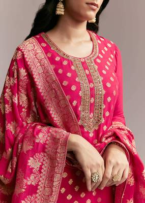 Women's rani pink banarasi woven kurta palazzo set with heavy jacquard dupatta for festival & wedding wear 2