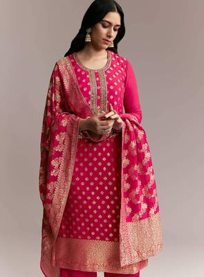 Women's rani pink banarasi woven kurta palazzo set with heavy jacquard dupatta for festival & wedding wear 3