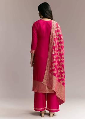 Women's rani pink banarasi woven kurta palazzo set with heavy jacquard dupatta for festival & wedding wear 4