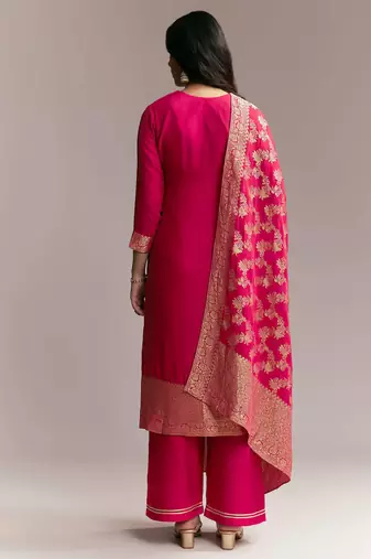 Women's rani pink banarasi woven kurta palazzo set with heavy jacquard dupatta for festival & wedding wear
