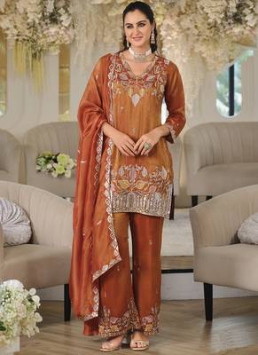 Orange embroidered roman silk salwar suit 1