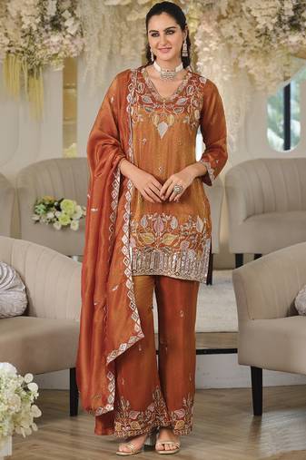 Orange embroidered roman silk salwar suit