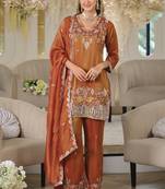 Orange embroidered roman silk salwar suit