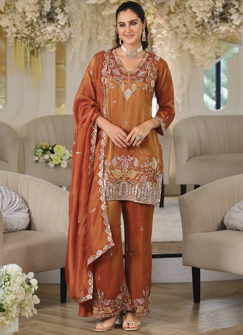 Orange embroidered roman silk salwar suit