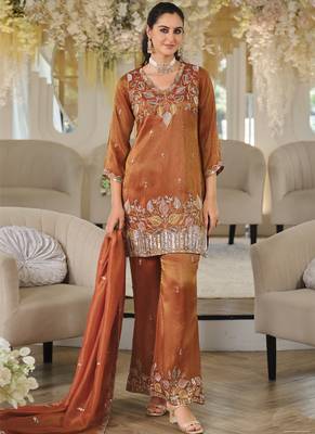Orange embroidered roman silk salwar suit 2