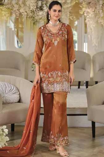 Orange embroidered roman silk salwar suit
