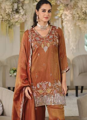 Orange embroidered roman silk salwar suit 3