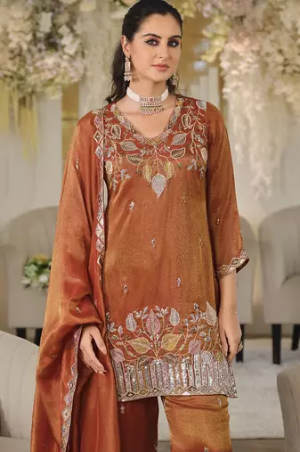 Orange embroidered roman silk salwar suit