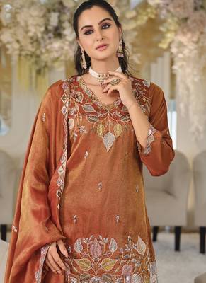 Orange embroidered roman silk salwar suit 4