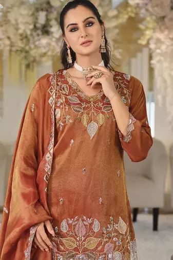 Orange embroidered roman silk salwar suit