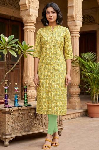 Yellow cotton blend geometric printed kurta for women