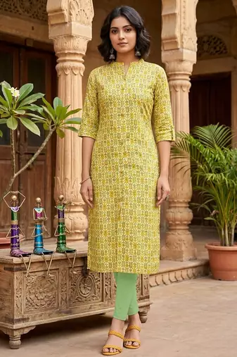 Yellow cotton blend geometric printed kurta for women