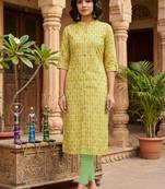 Yellow cotton blend geometric printed kurta for women