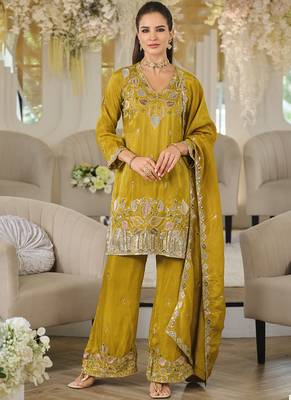 Mustard embroidered roman silk salwar suit 1
