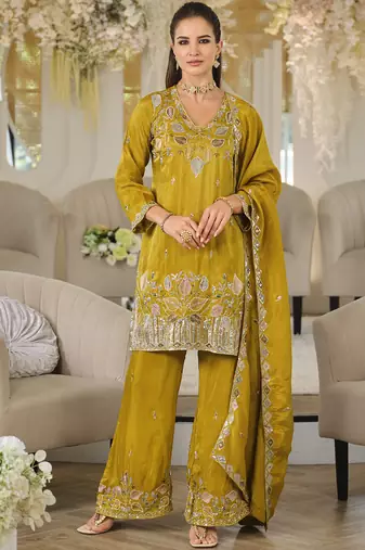 Mustard embroidered roman silk salwar suit