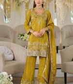Mustard embroidered roman silk salwar suit