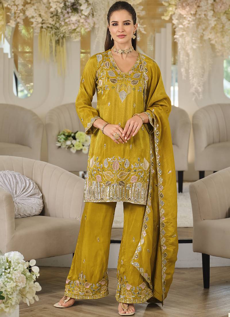 Mustard embroidered roman silk salwar suit
